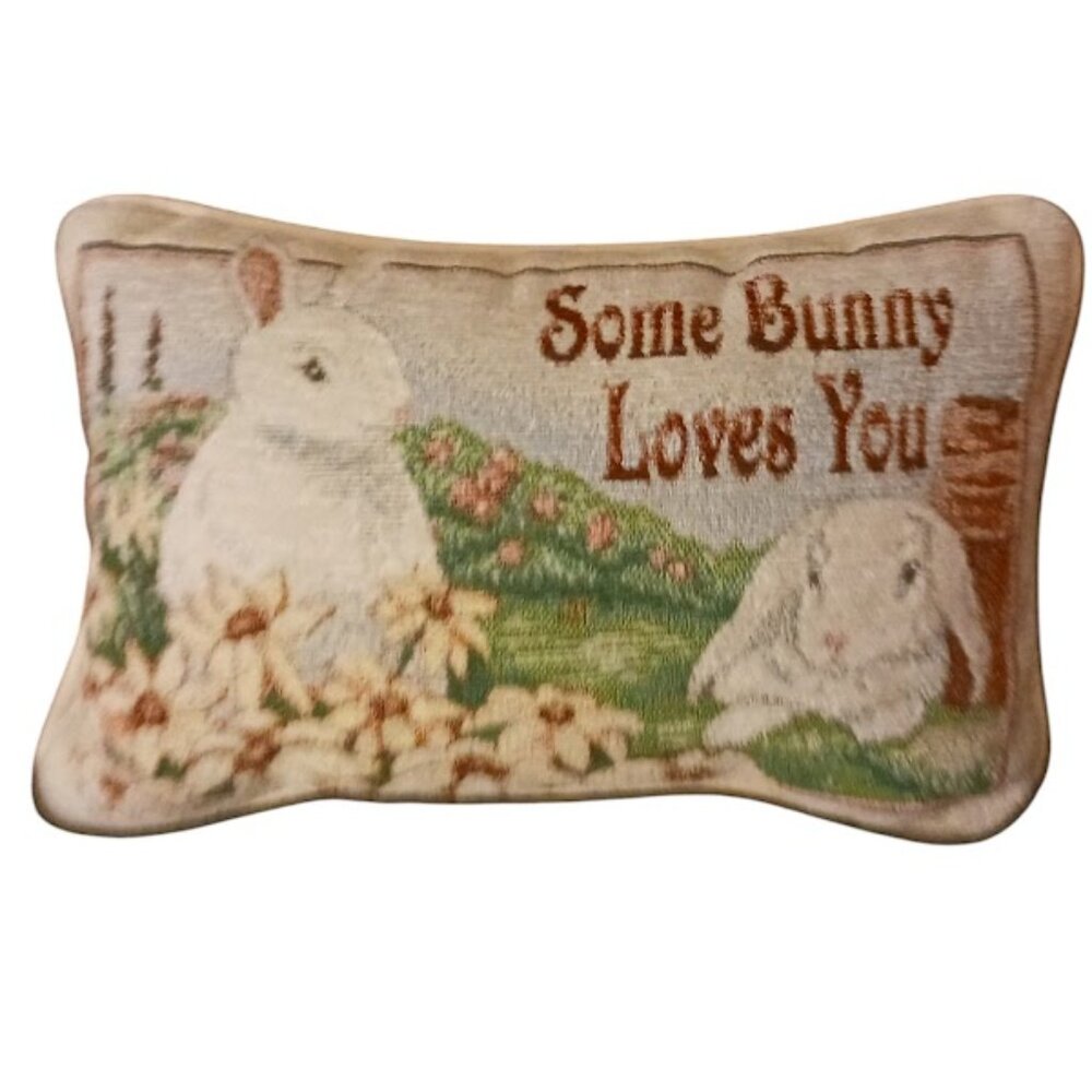 "Some Bunny Loves You" Tapestry Bunny Rabbit Pillow Daisies Floral Spring